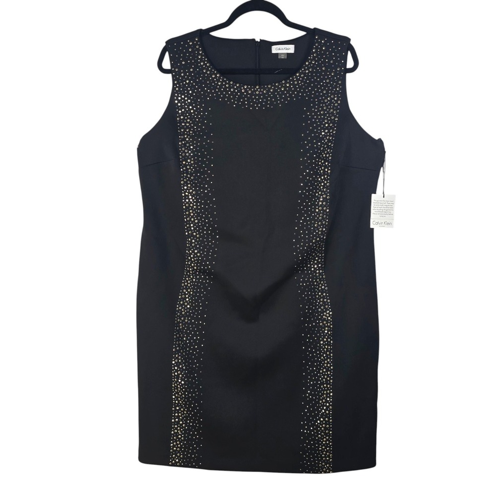 Calvin Klein Womens 18W‎ Black Beaded Studded Sheath Dress Formal Cocktail NWT